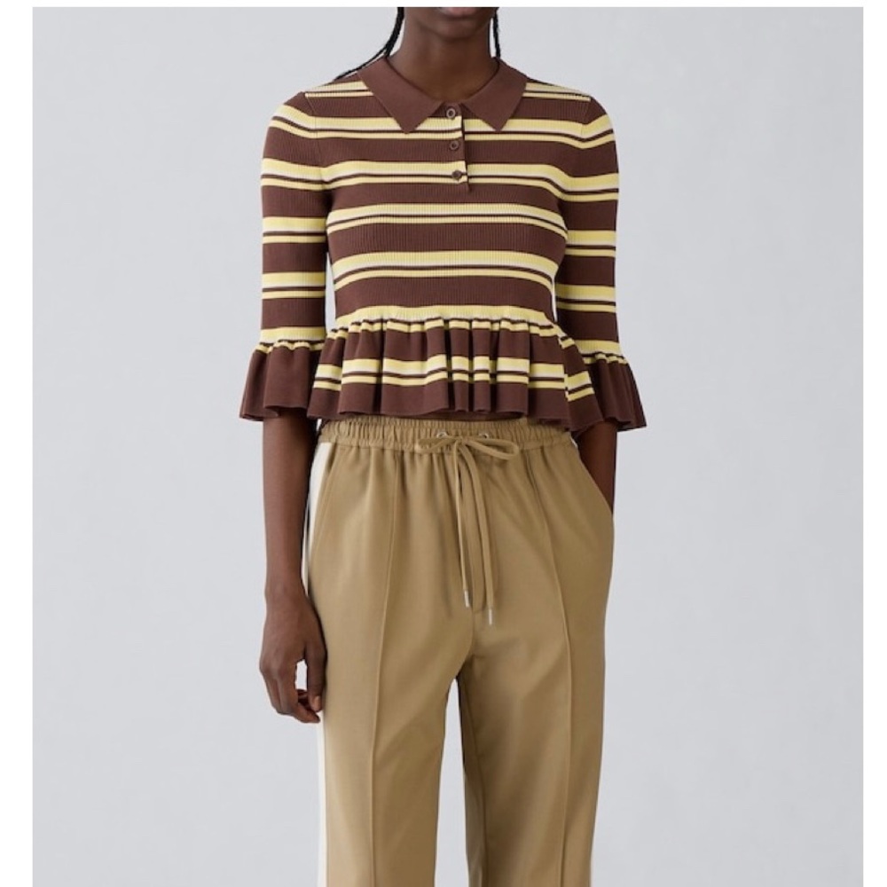 Rokh x GU Brown Striped Ribbed Ruffle 3/4 Sleeve Peplum Polo Sweater Top Small